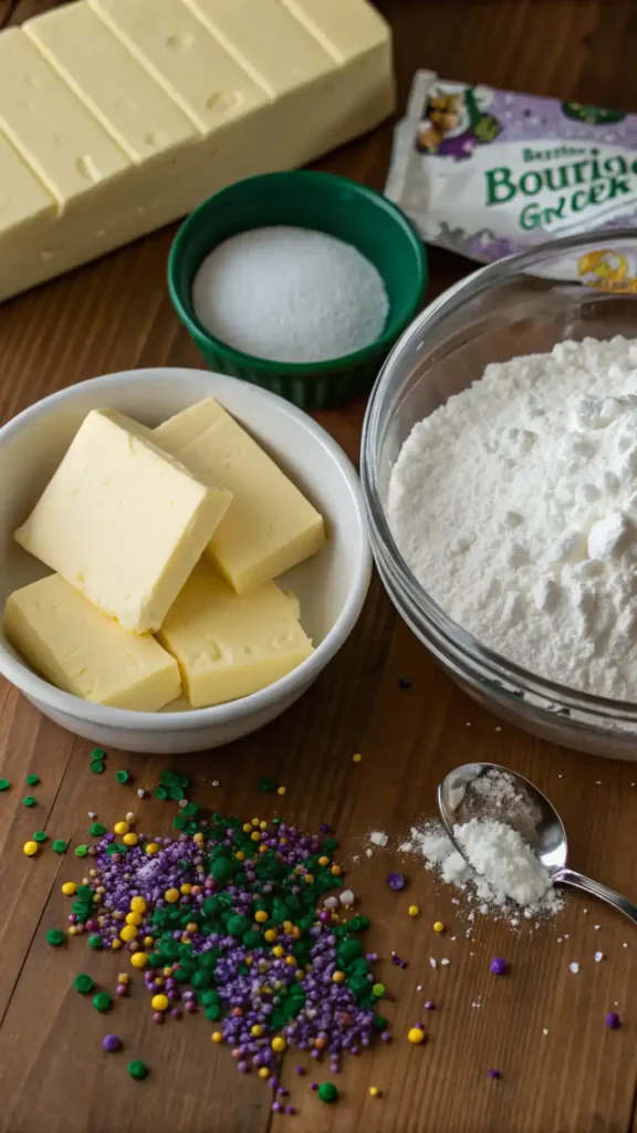 Ingredients for King Cake Truffles arranged on a wooden table.