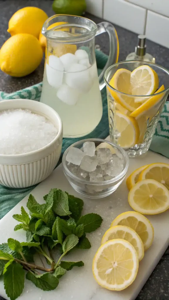 Ingredients for lemonade including fresh lemons, sugar, water, and mint leaves.