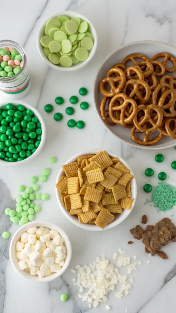 Ingredients needed for Leprechaun Bait Snack Mix