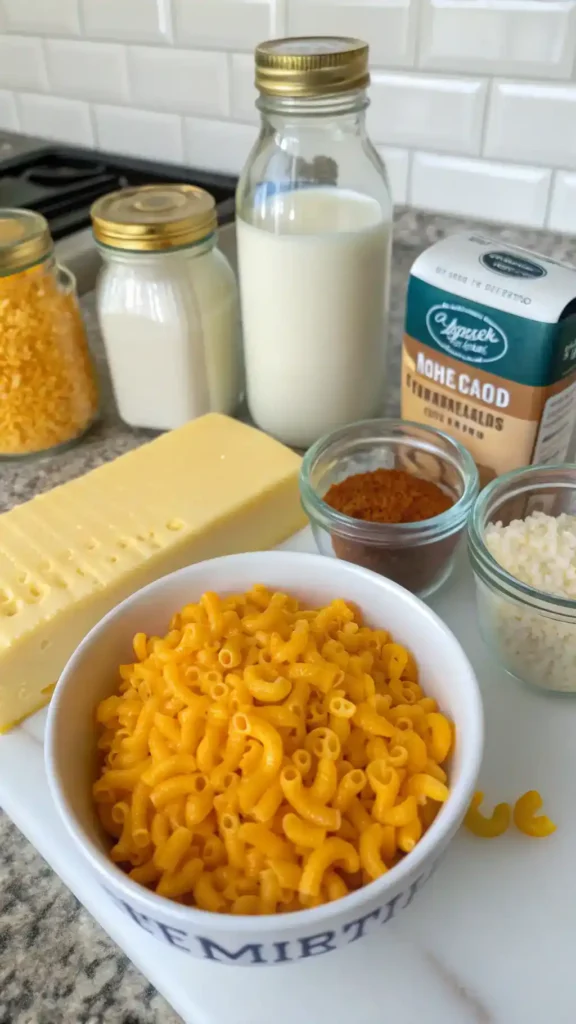 Ingredients for mac n cheese including macaroni, cheddar cheese, milk, butter, and spices arranged on a kitchen counter.