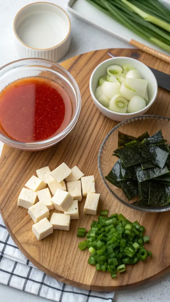 Ingredients for miso soup including miso paste, dashi broth, tofu, green onions, and seaweed.