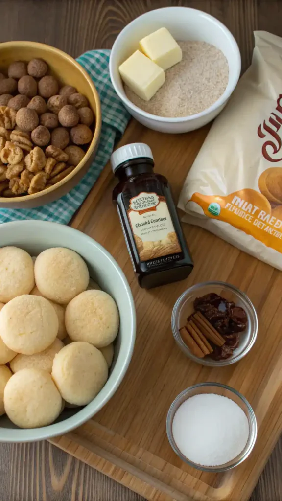 Ingredients for monkey bread recipe displayed on a wooden countertop.