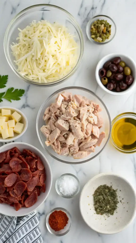 Ingredients for Mardi Gras hot muffuletta dip arranged on counter