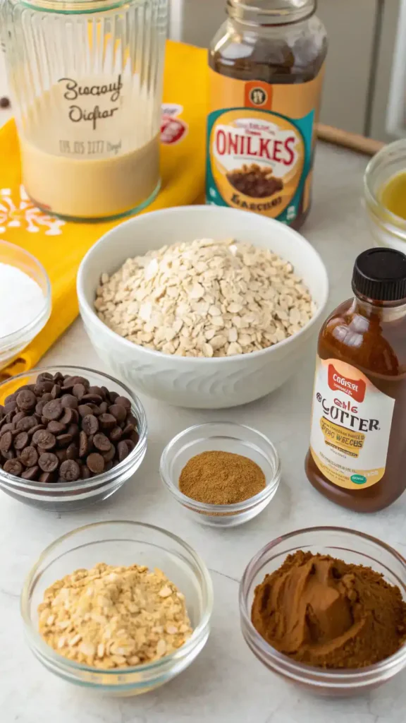 Ingredients for no bake cookies displayed on a kitchen counter.