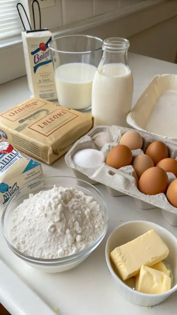 Ingredients for pancakes displayed on a kitchen counter.