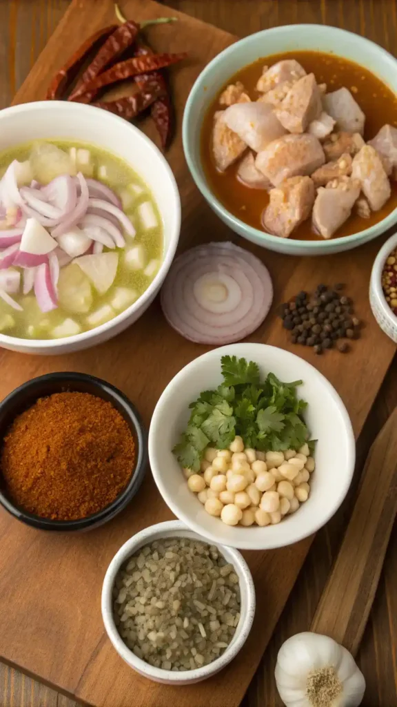 Ingredients for pozole including hominy, chicken thighs, and spices displayed on a wooden table.