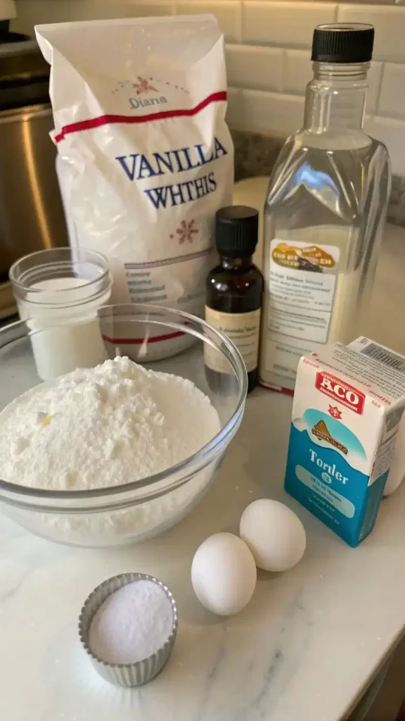Ingredients for royal icing displayed on a kitchen counter.