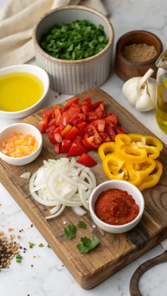 Ingredients for shakshuka including olive oil, onions, bell peppers, garlic, tomatoes, and spices on a cutting board.