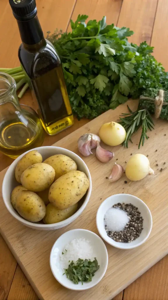 Ingredients for smashed potatoes including baby potatoes, olive oil, garlic, and fresh herbs.
