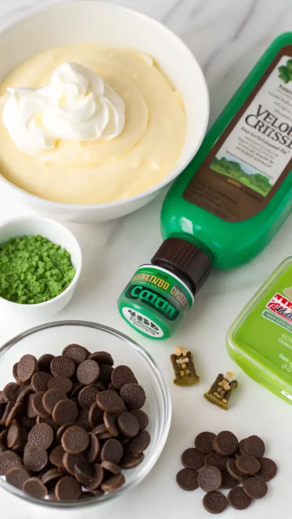 Ingredients for St Patrick’s Day Pudding Cups displayed on a kitchen counter.