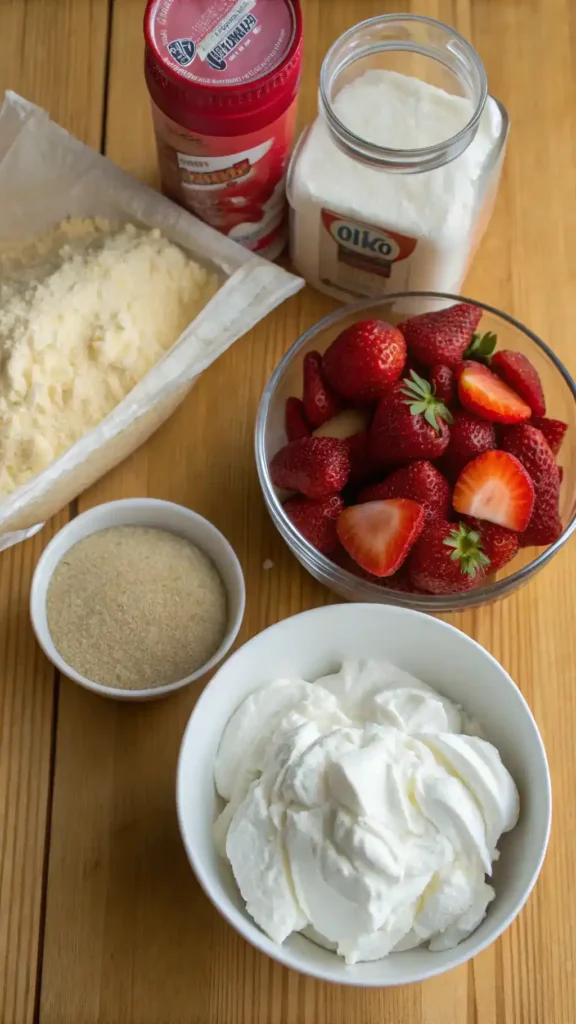 Ingredients for strawberry shortcake displayed on a wooden table.