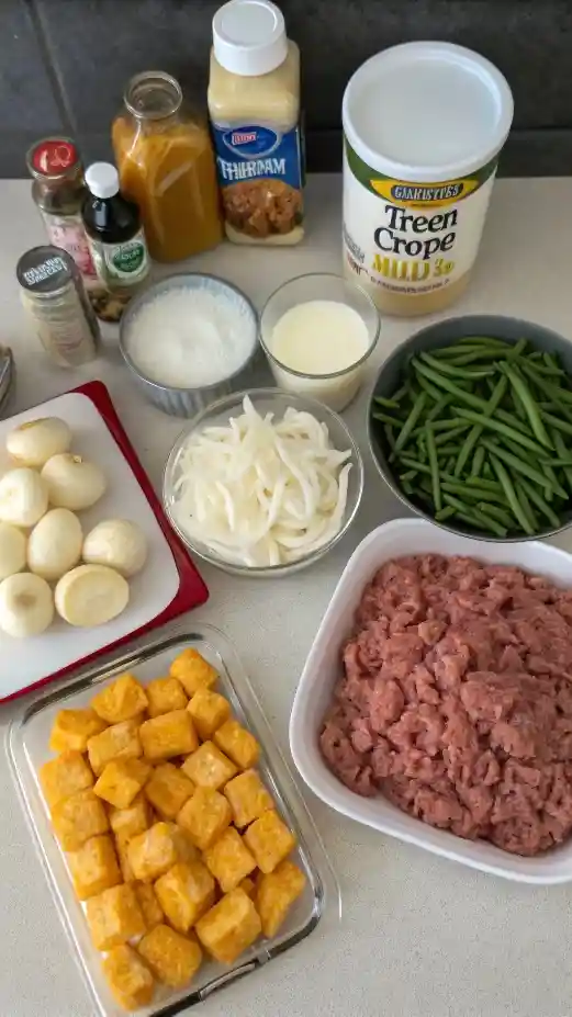 Ingredients for tater tot casserole laid out on a kitchen counter, including ground beef, onions, garlic, and tater tots.