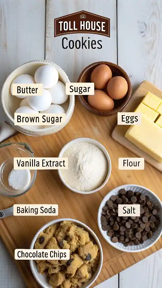 Ingredients for Toll House cookies displayed on a wooden countertop.