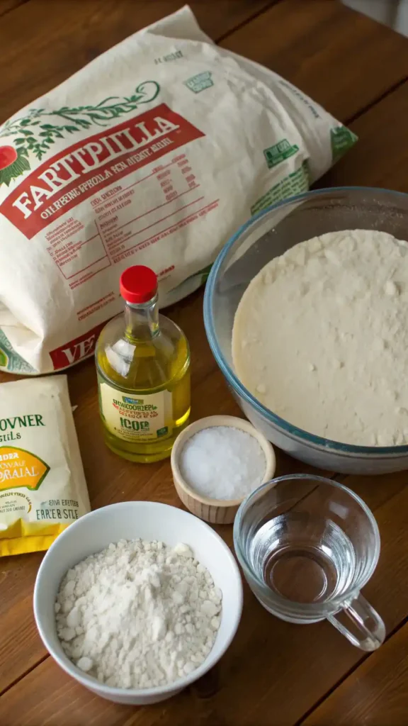 Ingredients for making tortillas: flour, salt, baking powder, vegetable oil, and warm water.