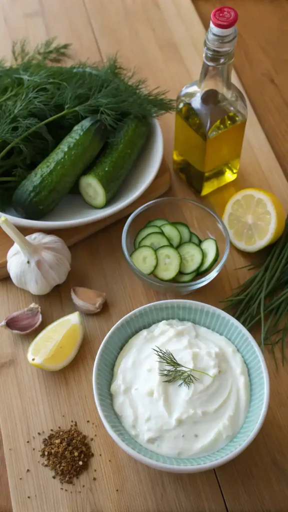 Ingredients for tzatziki sauce displayed on a wooden table.