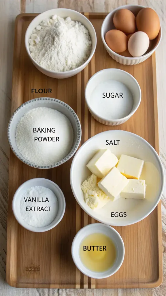 Ingredients for vanilla cake including flour, sugar, butter, and eggs displayed on a countertop.