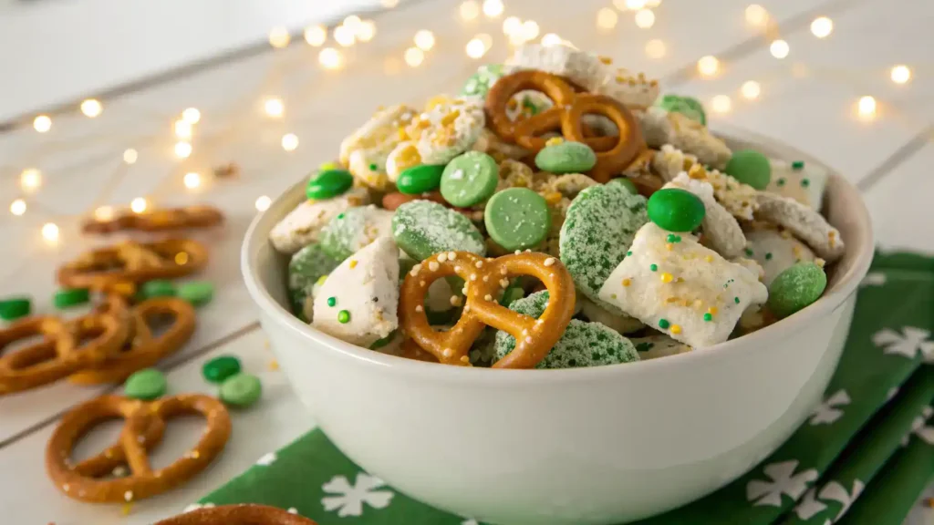 Colorful Leprechaun Bait Snack Mix with green candies and sprinkles