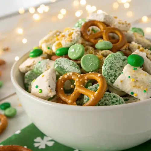 Colorful Leprechaun Bait Snack Mix with green candies and sprinkles