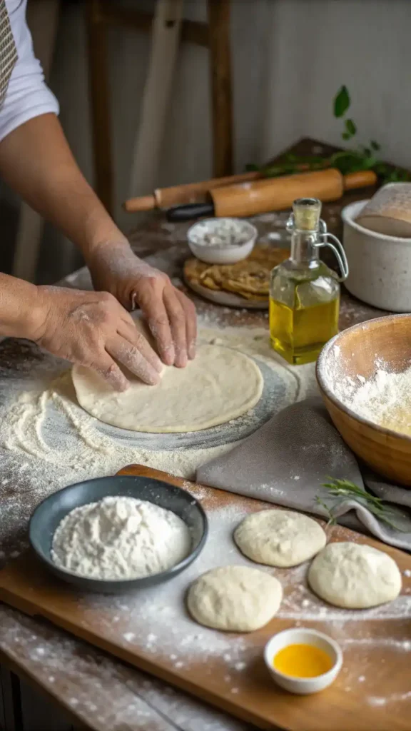 A person kneading dough for homemade tortillas on a floured surface.