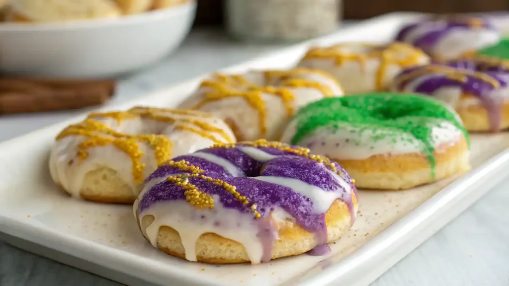 Colorful Mardi Gras King Cake Cookies with glaze and festive sugar