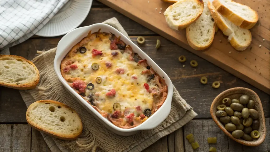 Hot muffuletta dip with melted cheese and olives