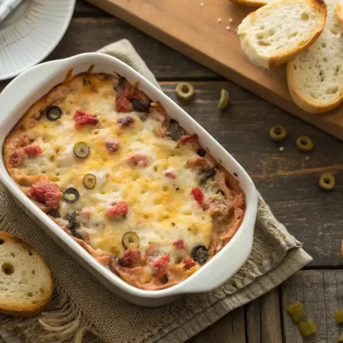 Hot muffuletta dip with melted cheese and olives