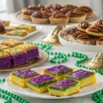Festive Mardi Gras dessert bars in purple green and gold