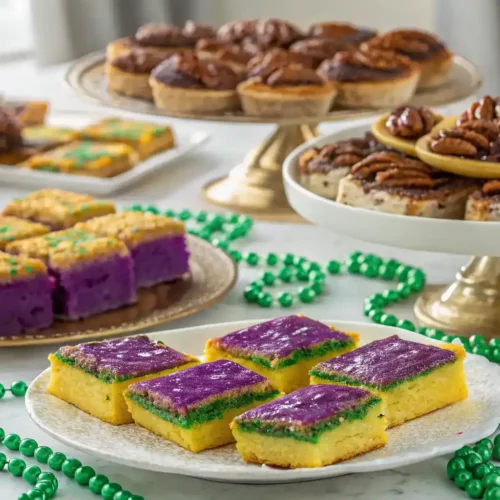 Festive Mardi Gras dessert bars in purple green and gold