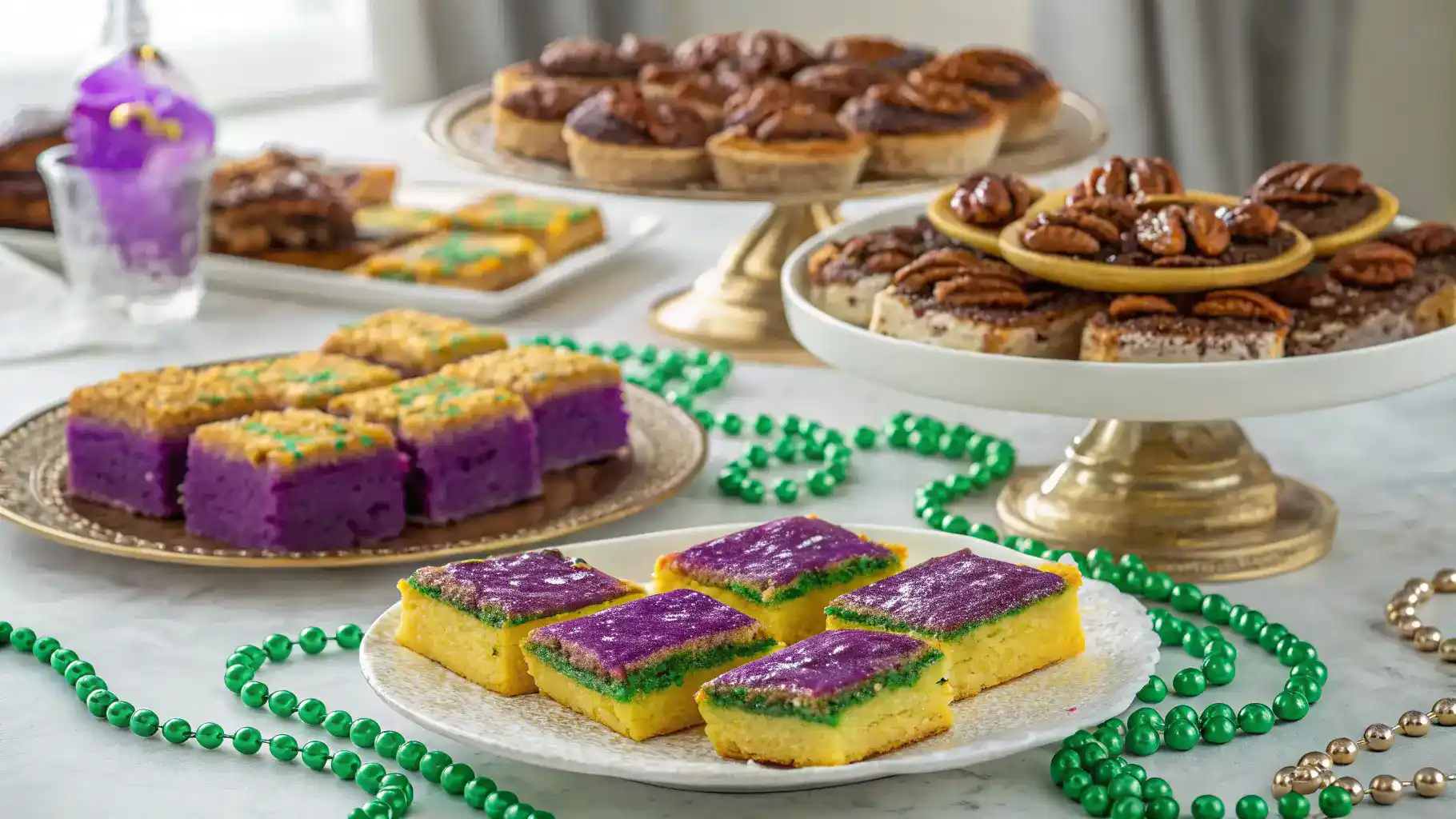 Festive Mardi Gras dessert bars in purple green and gold