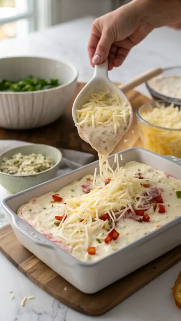 Muffuletta dip mixture in baking dish before oven