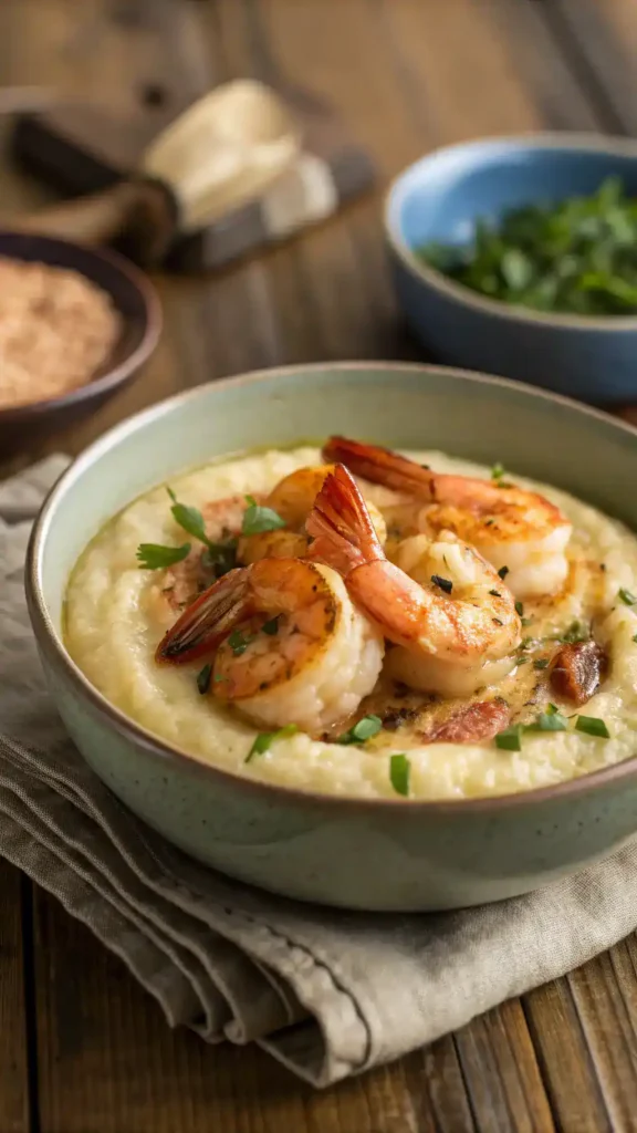 A bowl of shrimp and grits with shrimp on top and garnished with green onions.