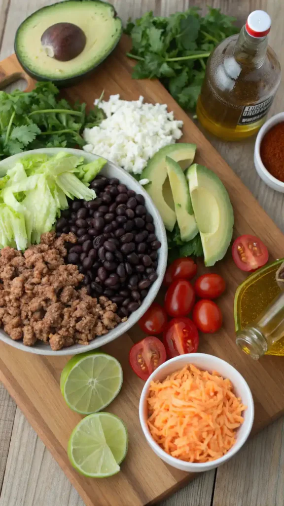 Ingredients for taco salad displayed on a wooden cutting board.