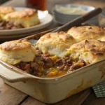 Golden baked cattle drive casserole with biscuit topping