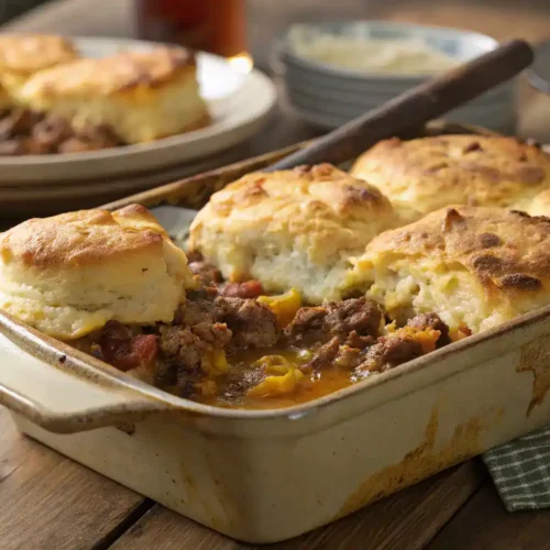 Golden baked cattle drive casserole with biscuit topping