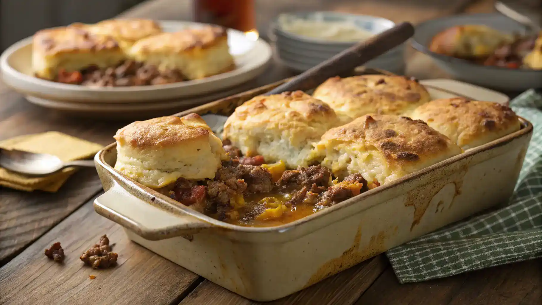 Golden baked cattle drive casserole with biscuit topping