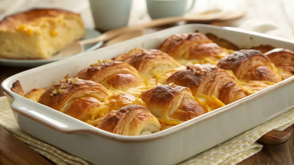 Golden croissant breakfast casserole fresh from the oven
