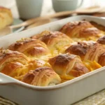 Golden croissant breakfast casserole fresh from the oven