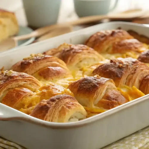 Golden croissant breakfast casserole fresh from the oven