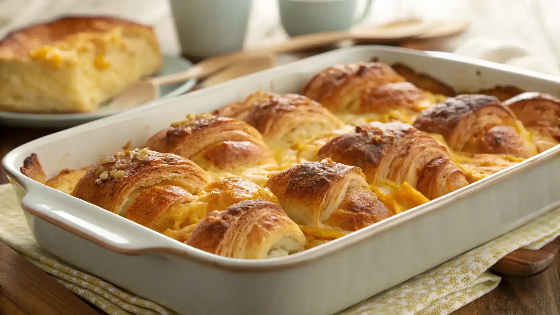 Golden croissant breakfast casserole fresh from the oven