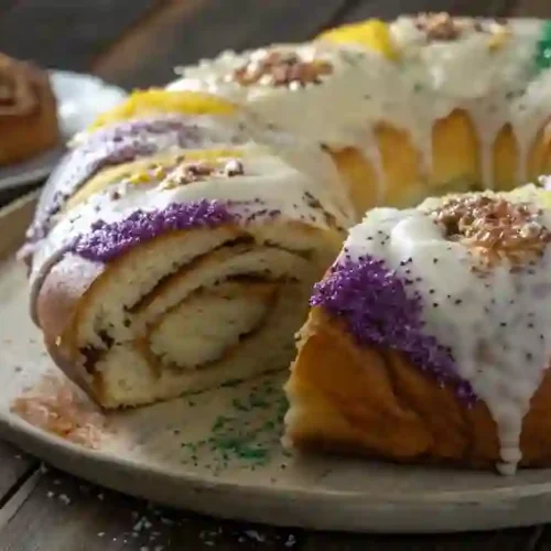 Easy king cake recipe made with cinnamon rolls and colorful sugar topping