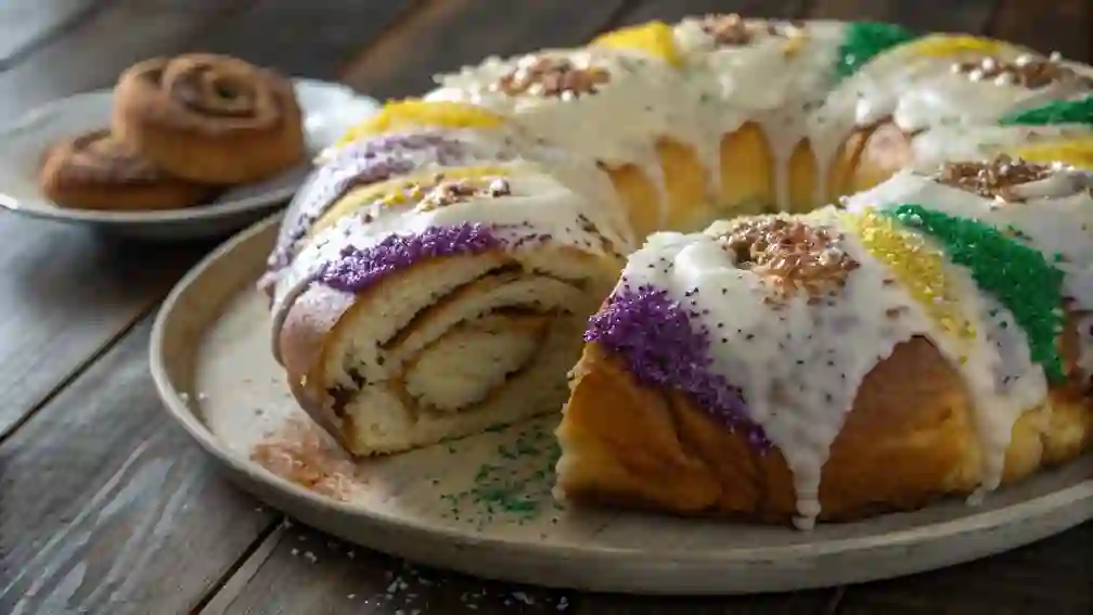 Easy king cake recipe made with cinnamon rolls and colorful sugar topping