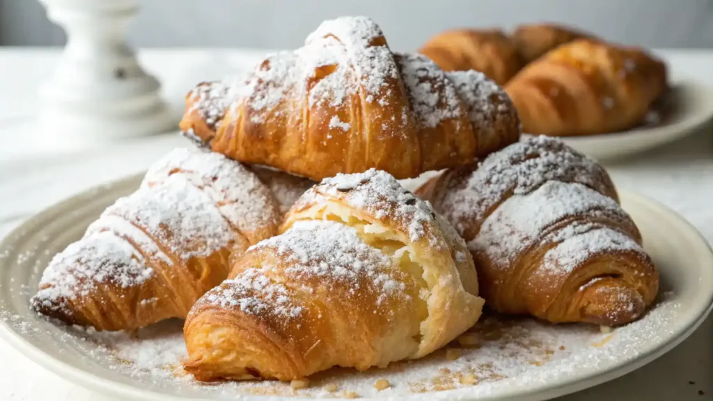 Golden fried croissant beignets with powdered sugar