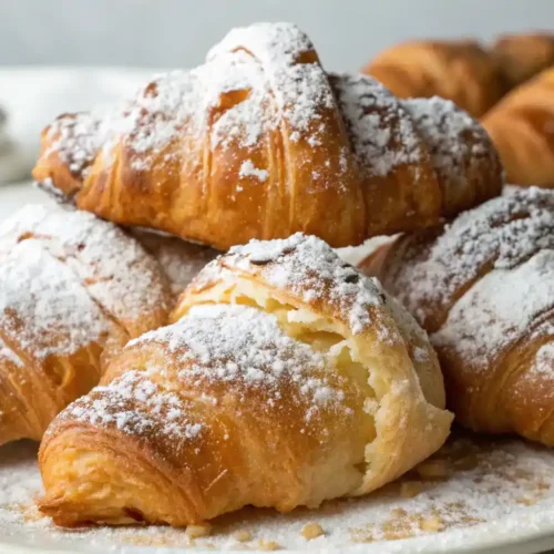 Golden fried croissant beignets with powdered sugar