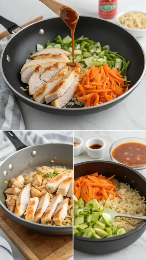 steps showing how to make Bang Bang Chicken Bowl