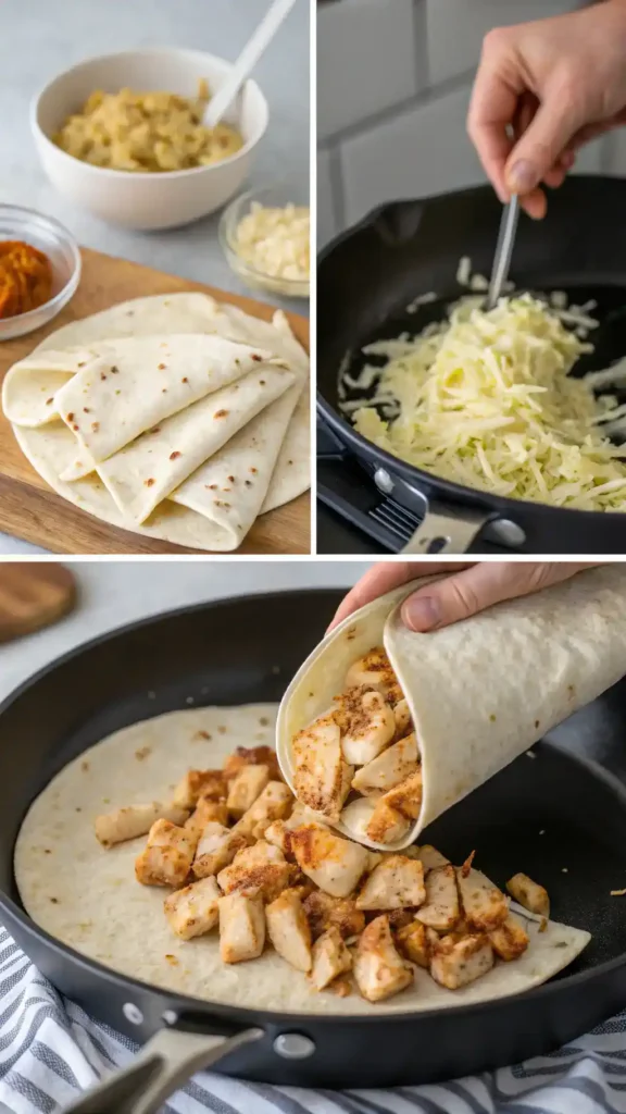 steps showing how to make Cheesy Garlic Chicken Wraps