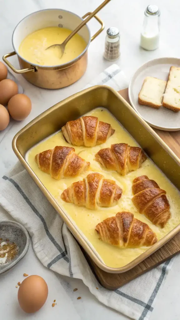 Preparing croissant breakfast casserole step by step