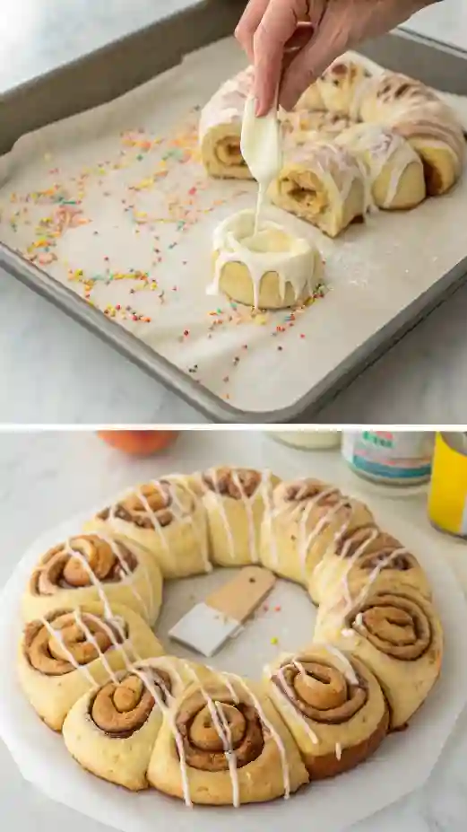 Steps showing how to make an easy king cake with cinnamon rolls