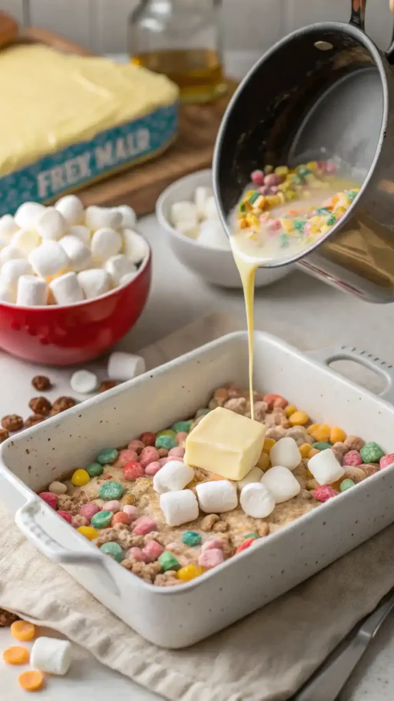 Mixing marshmallows and cereal for Lucky Charms Rice Krispie Treats