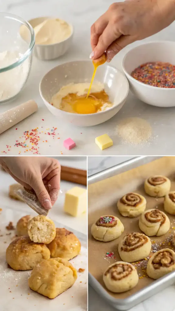 Preparing mini king cake bites step by step