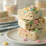 Colorful Lucky Charms Rice Krispie Treats stacked on a plate